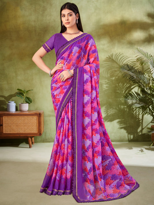 Purple Purple Party Wear Chiffon Printed Saree