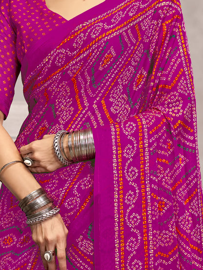 Pink Bandhani Chiffon Printed Saree