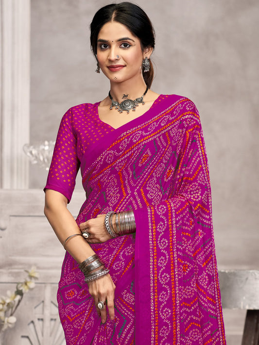 Pink Pink Bandhani Chiffon Printed Saree