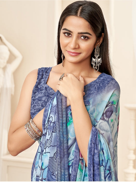 Grey Grey Bagru Georgette Printed Saree