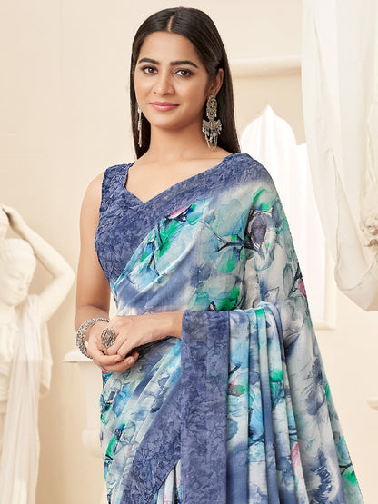 Grey Bagru Georgette Printed Saree