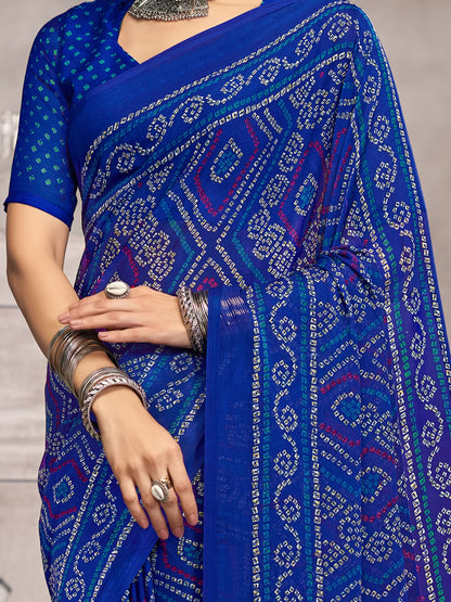 Blue Bandhani Chiffon Printed Saree