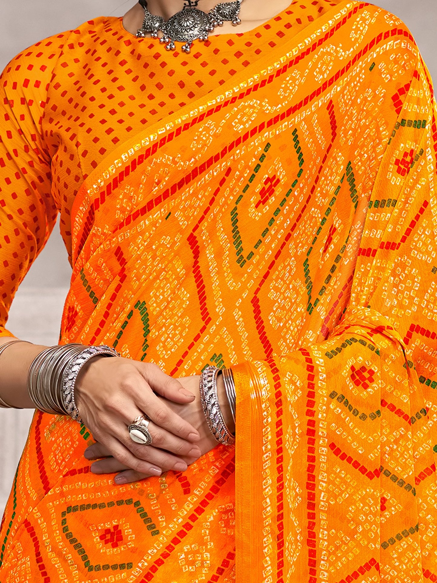 Yellow Bandhani Chiffon Printed Saree