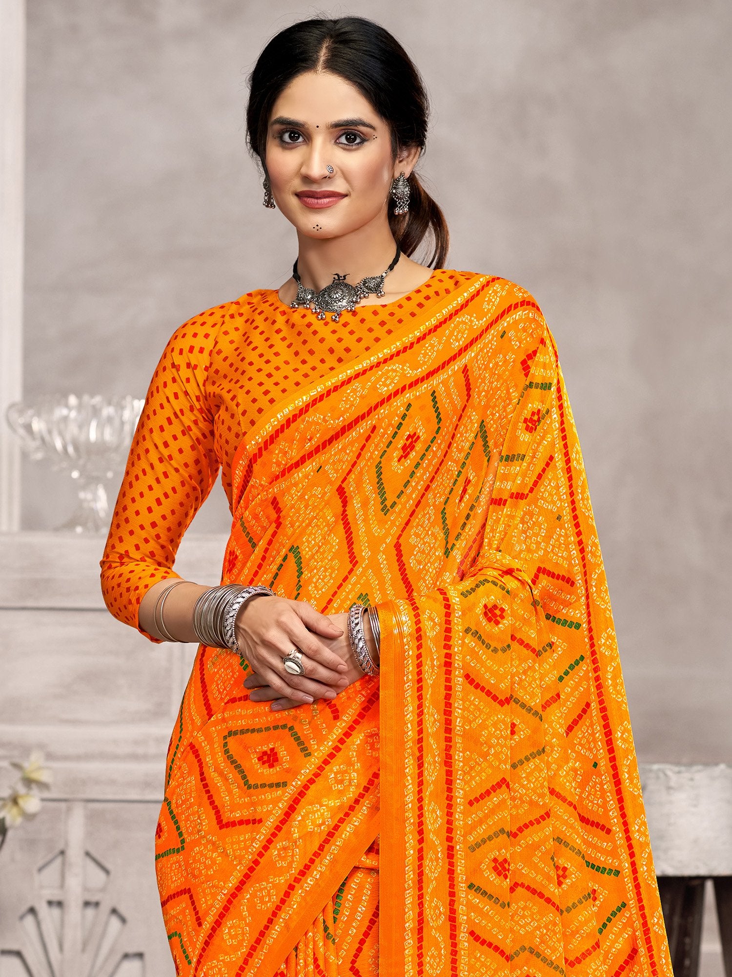 Yellow Yellow Bandhani Chiffon Printed Saree
