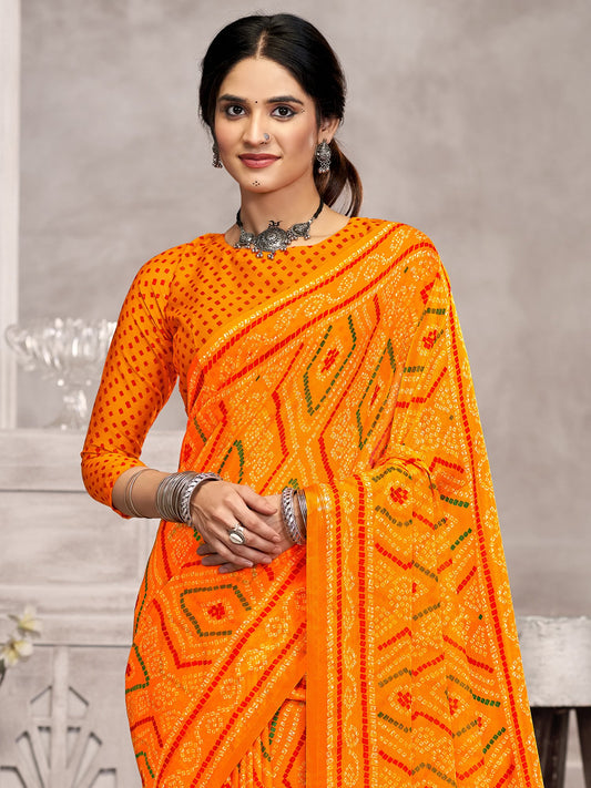 Yellow Yellow Bandhani Chiffon Printed Saree