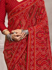 Red Bandhani Chiffon Printed Saree