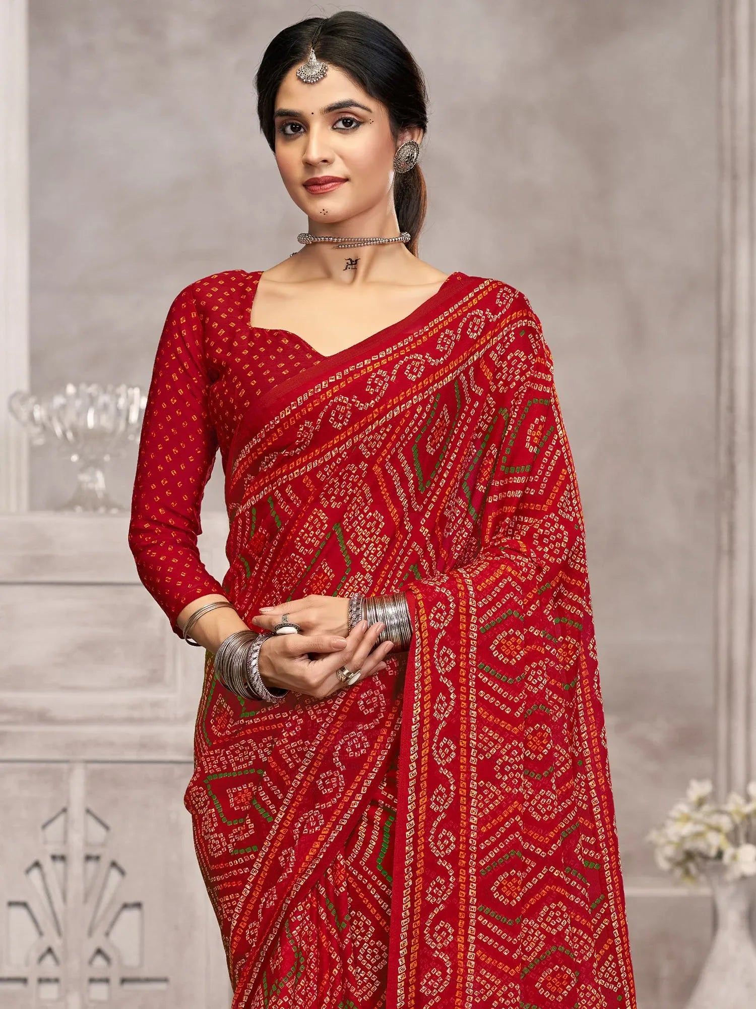 Red Red Bandhani Chiffon Printed Saree