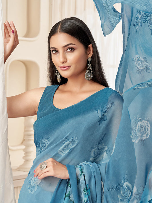 Blue Light Bagru Georgette Printed Saree