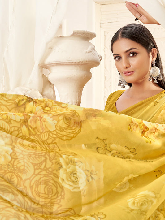 Yellow Yellow Bagru Georgette Printed Saree