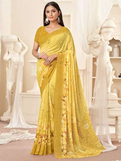Yellow Bagru Georgette Printed Saree