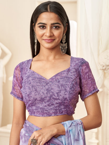 Lavendar Bagru Georgette Printed Saree