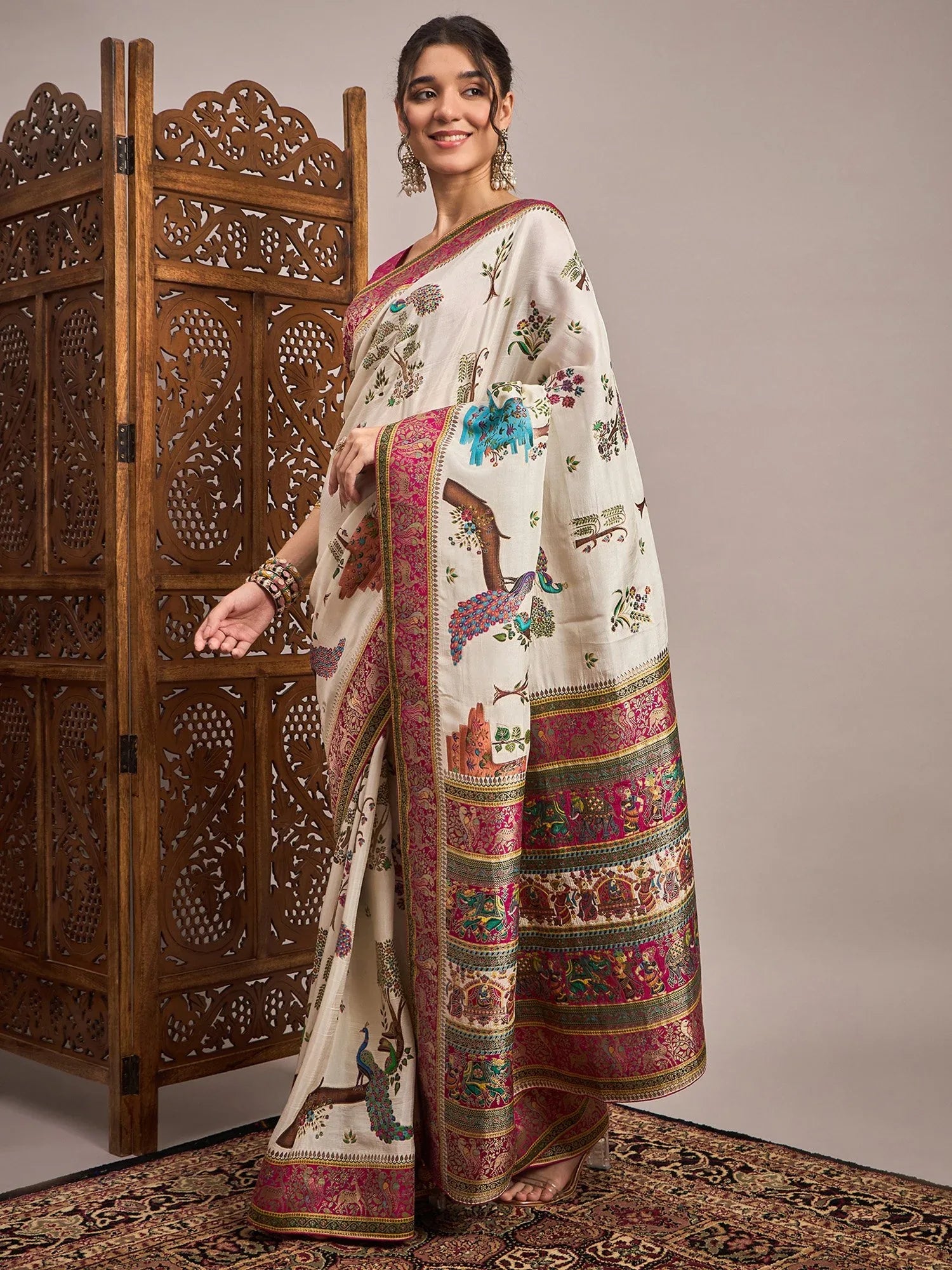 Cream Banarasi Viscose Silk Woven Saree