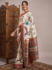 Cream Banarasi Viscose Silk Woven Saree