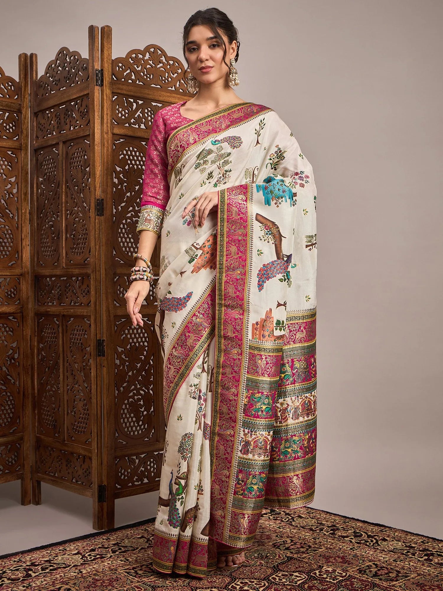 Cream Cream Banarasi Viscose Silk Woven Saree