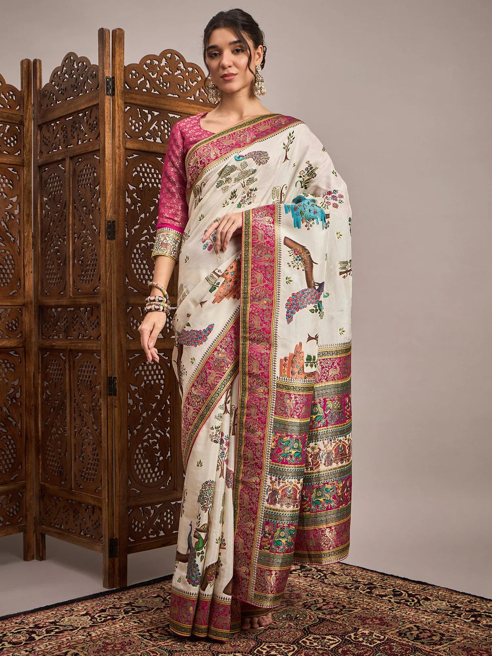 Cream Cream Banarasi Viscose Silk Woven Saree