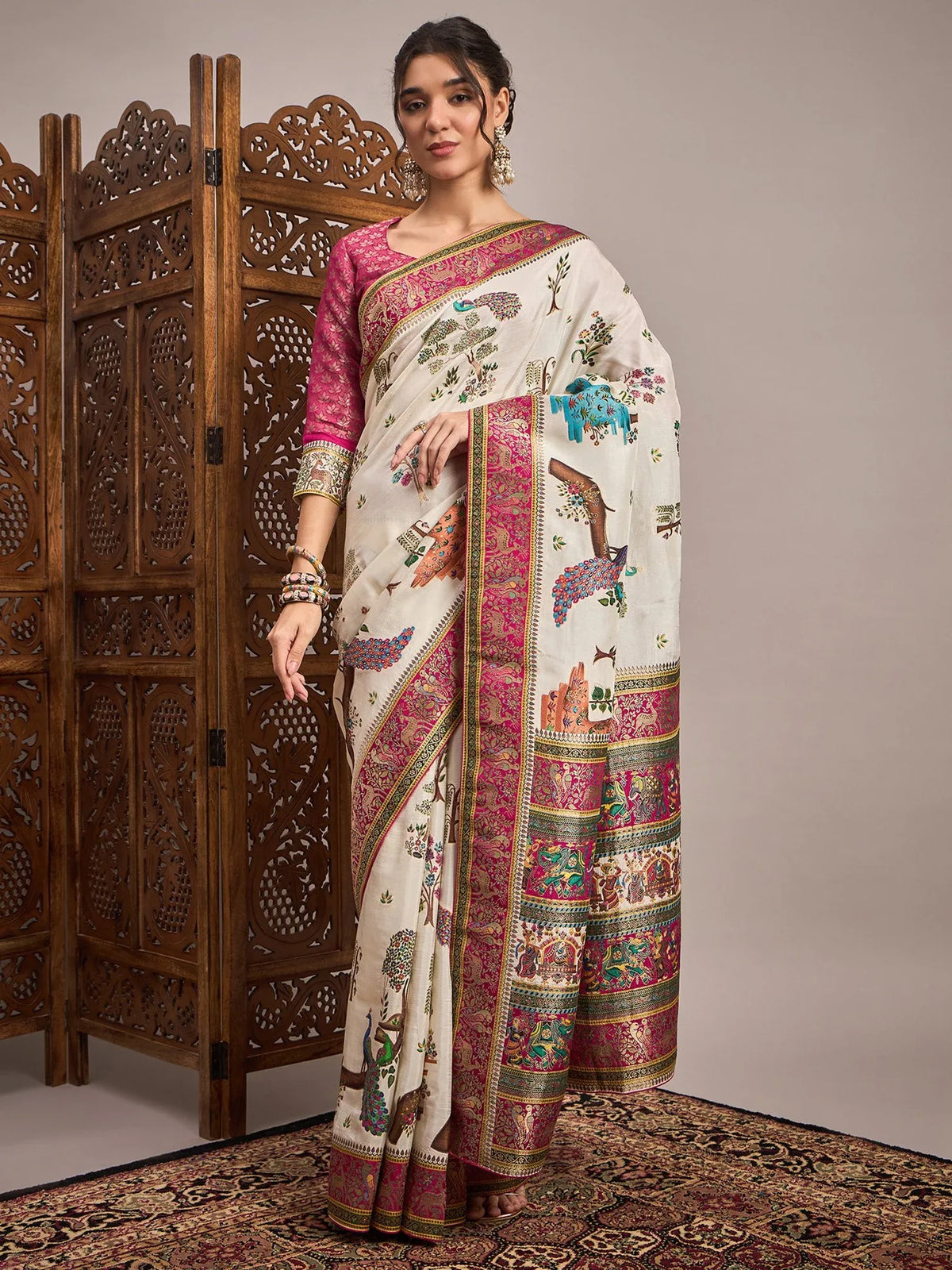 Cream Cream Banarasi Viscose Silk Woven Saree