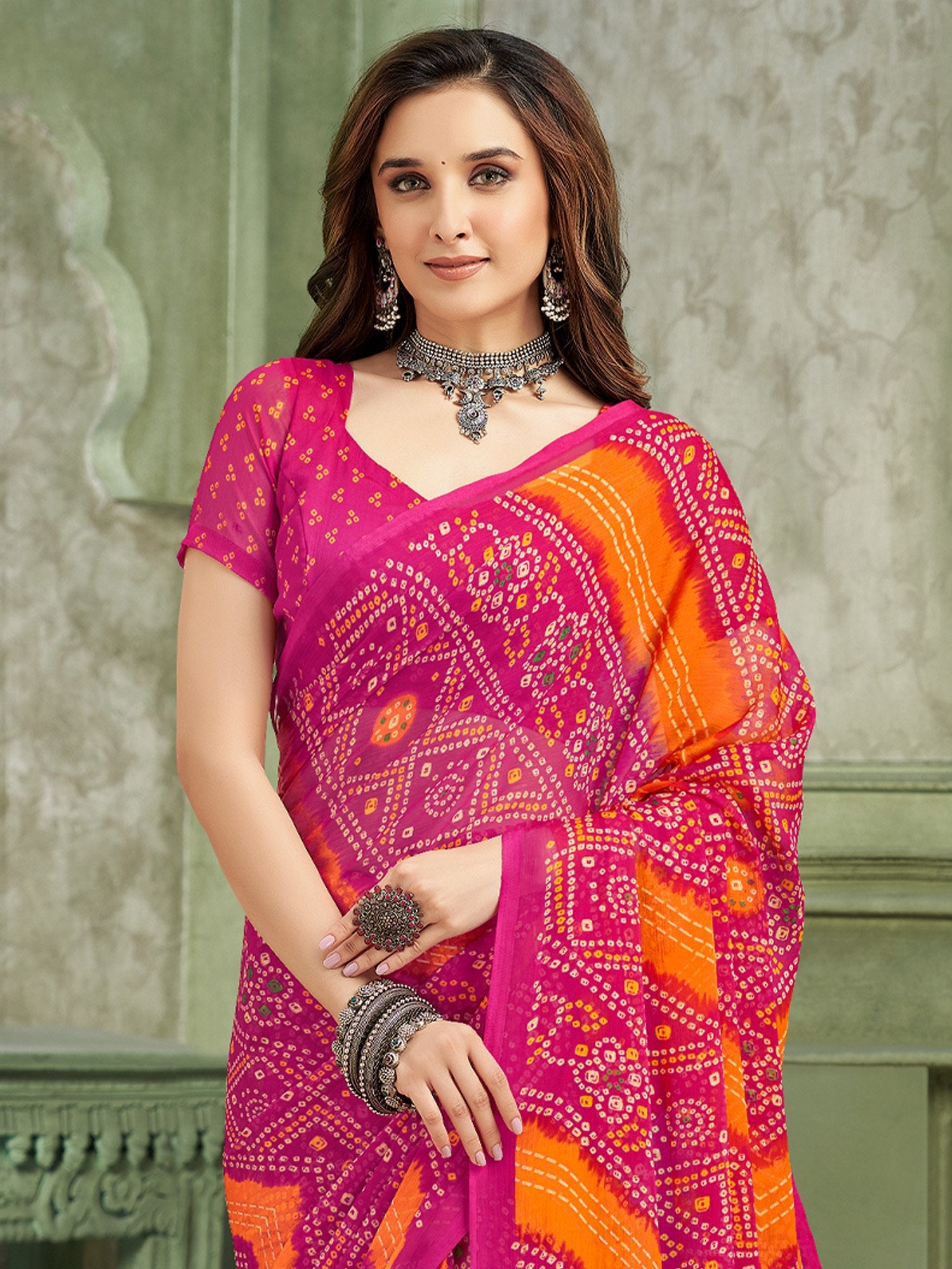 Pink Bandhani Chiffon Printed Saree