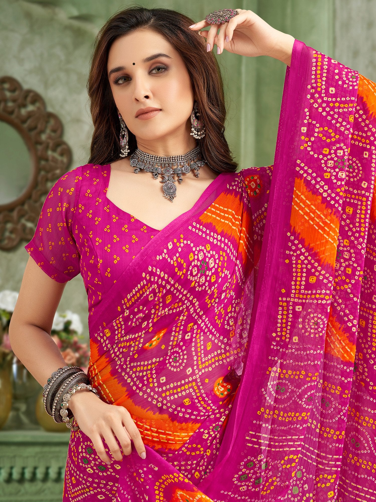 Pink Pink Bandhani Chiffon Printed Saree