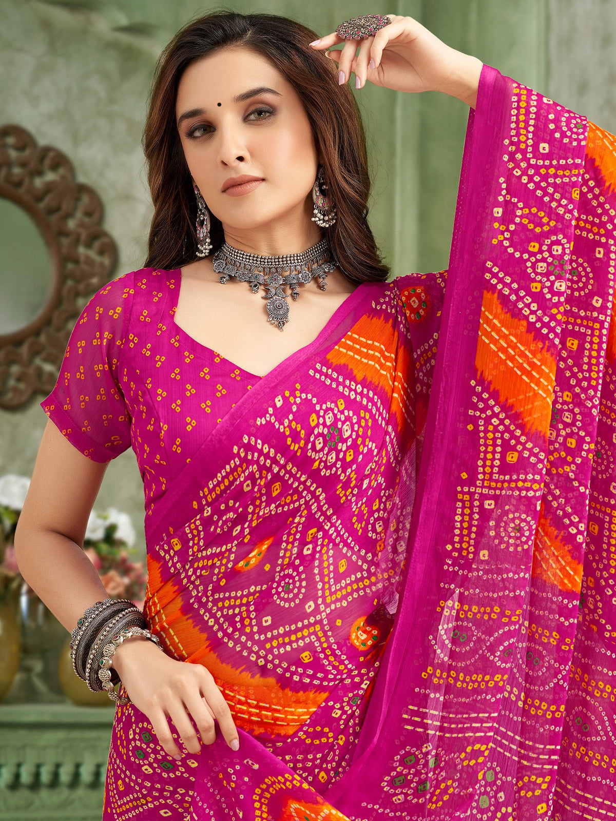 Pink Pink Bandhani Chiffon Printed Saree