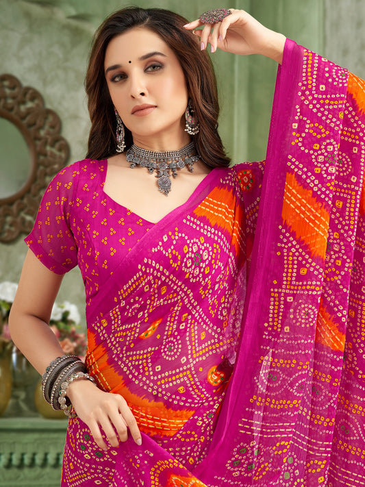 Pink Pink Bandhani Chiffon Printed Saree