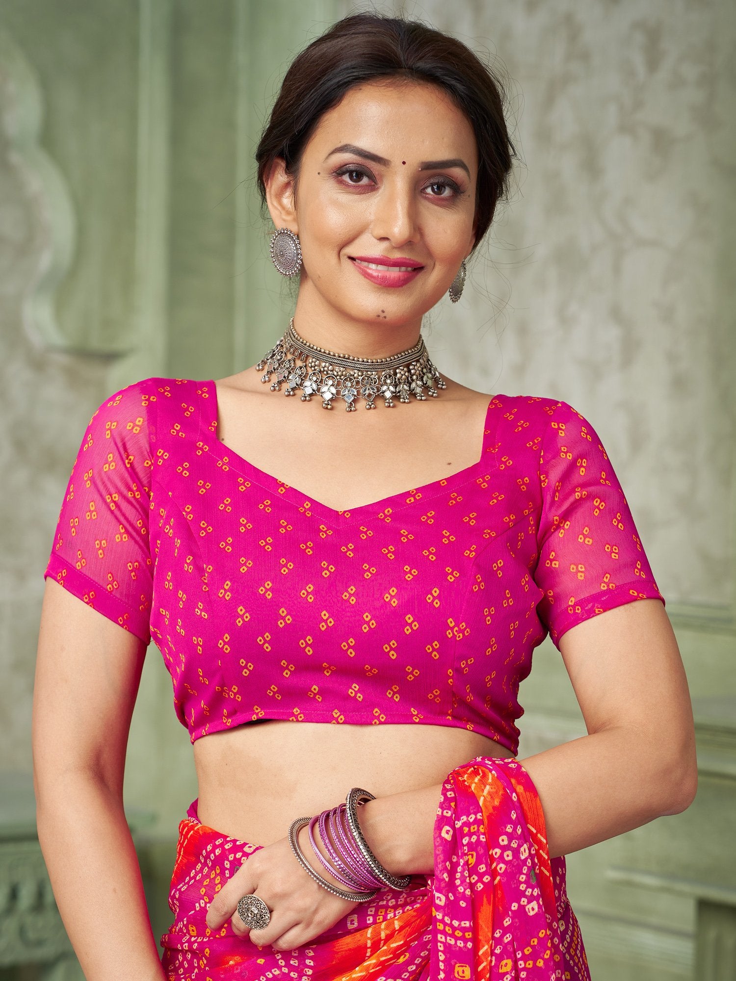 Pink Bandhani Chiffon Printed Saree