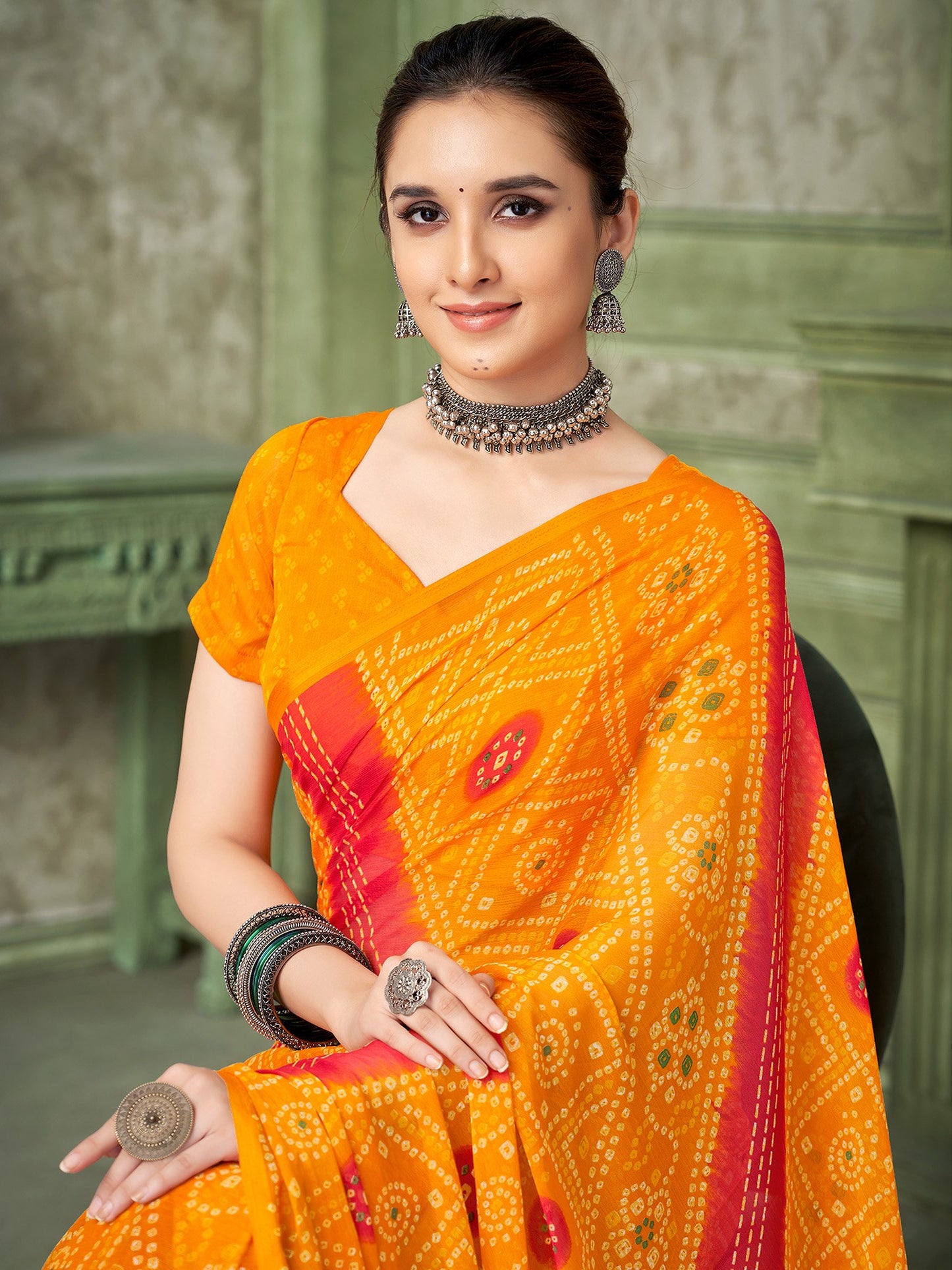 Yellow Yellow Bandhani Chiffon Printed Saree