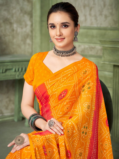 Yellow Yellow Bandhani Chiffon Printed Saree