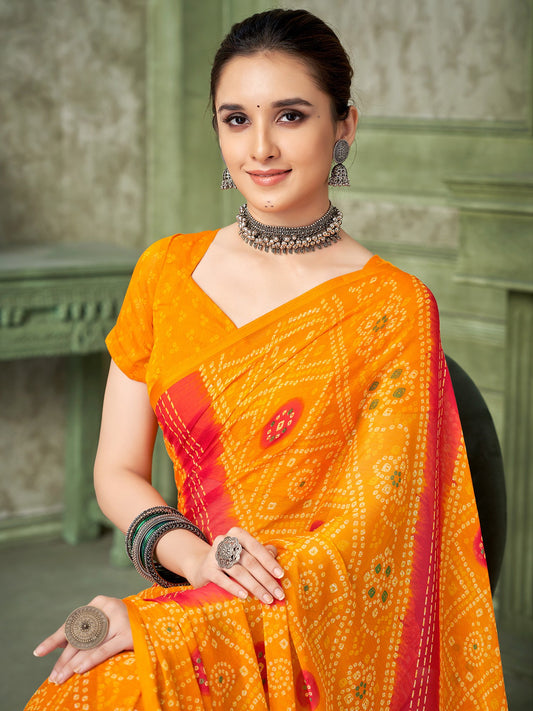 Yellow Yellow Bandhani Chiffon Printed Saree