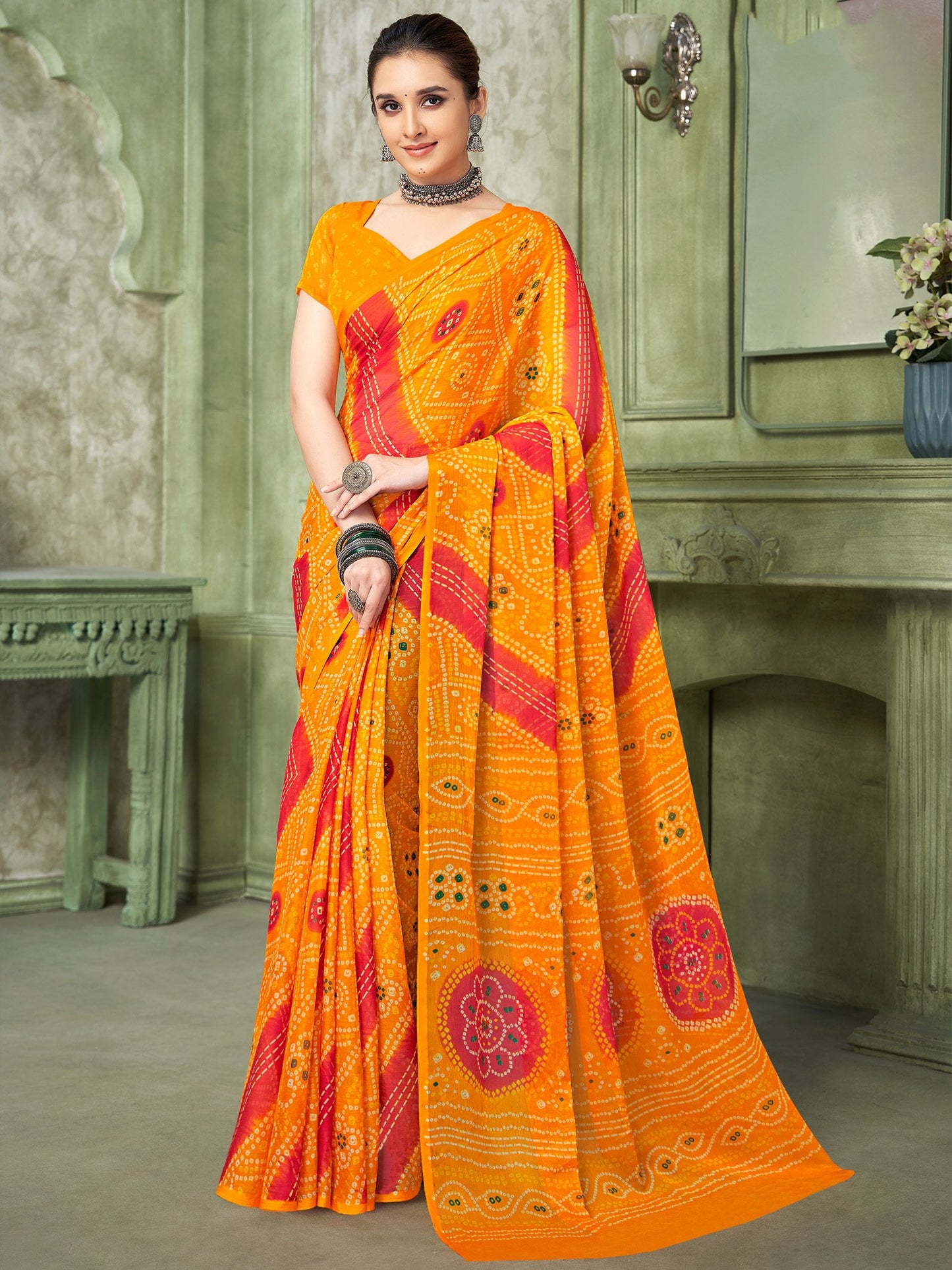 Yellow Bandhani Chiffon Printed Saree