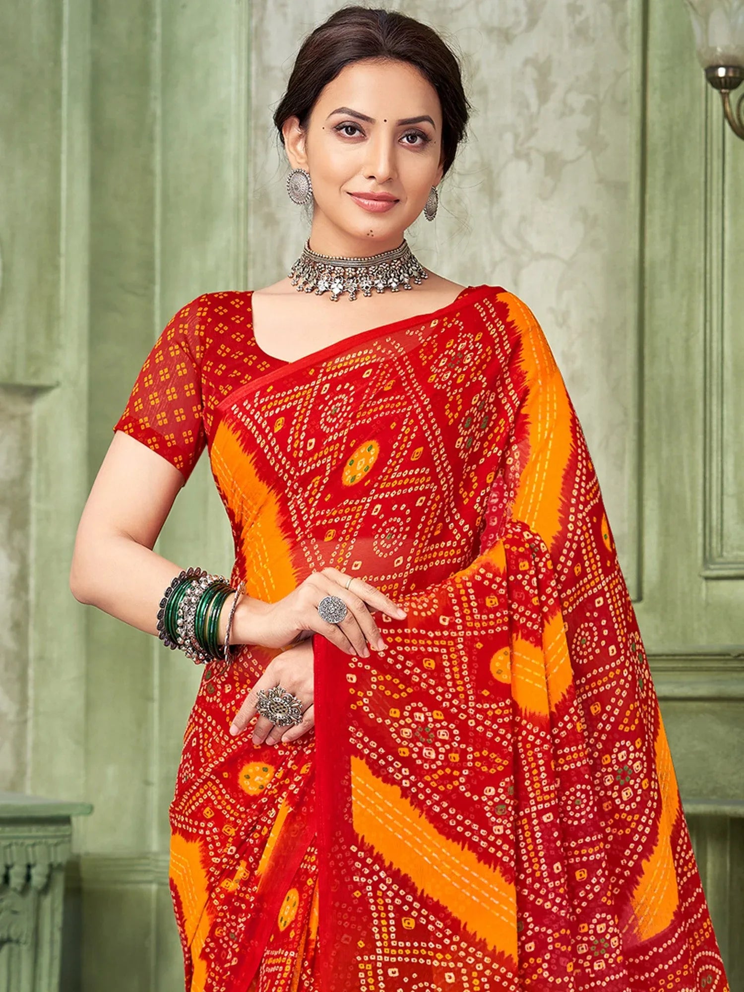 Red Bandhani Chiffon Printed Saree