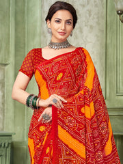 Red Bandhani Chiffon Printed Saree