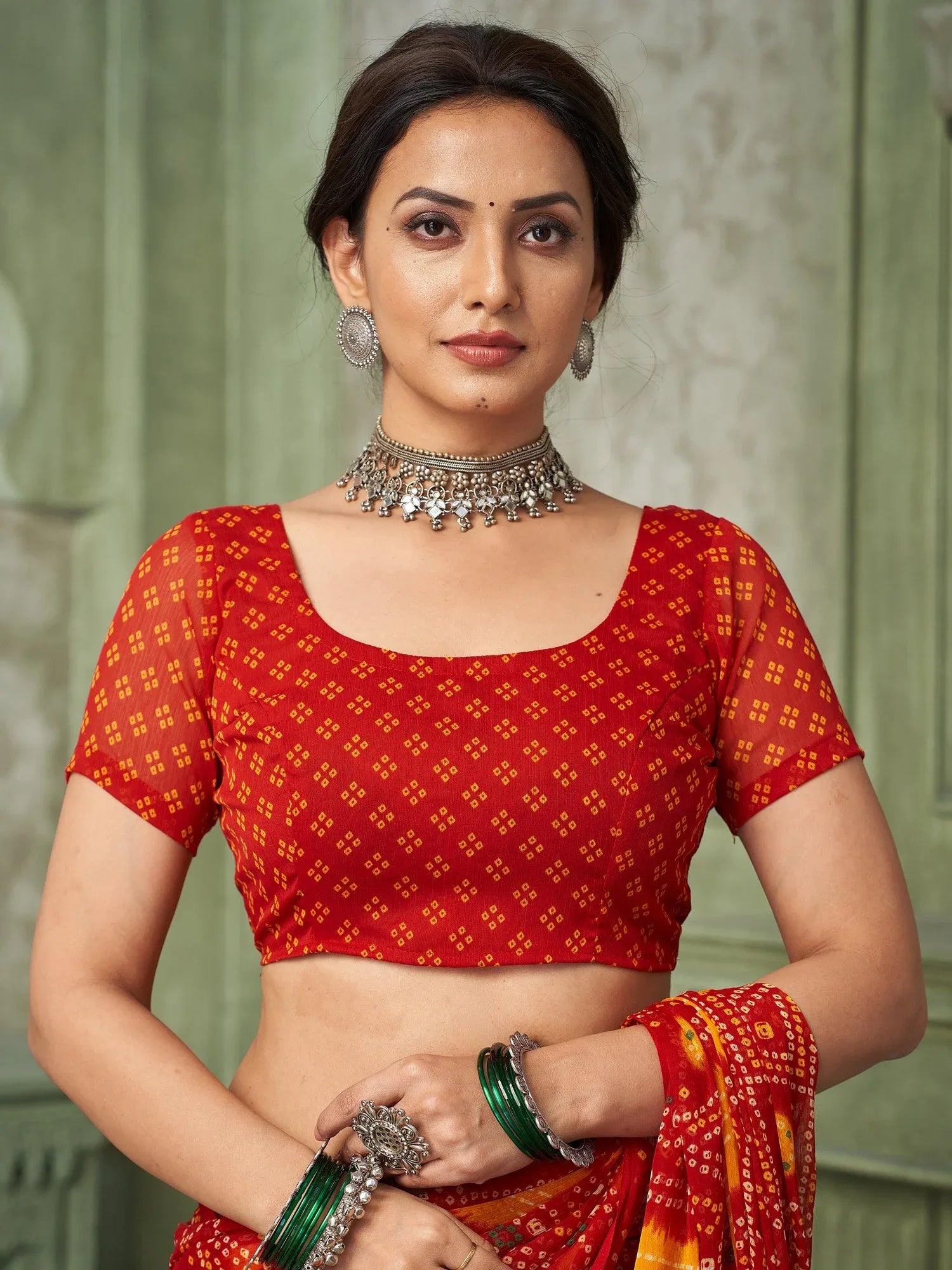 Red Bandhani Chiffon Printed Saree