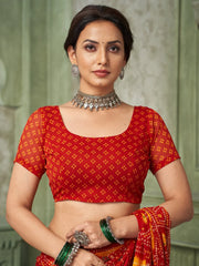 Red Bandhani Chiffon Printed Saree