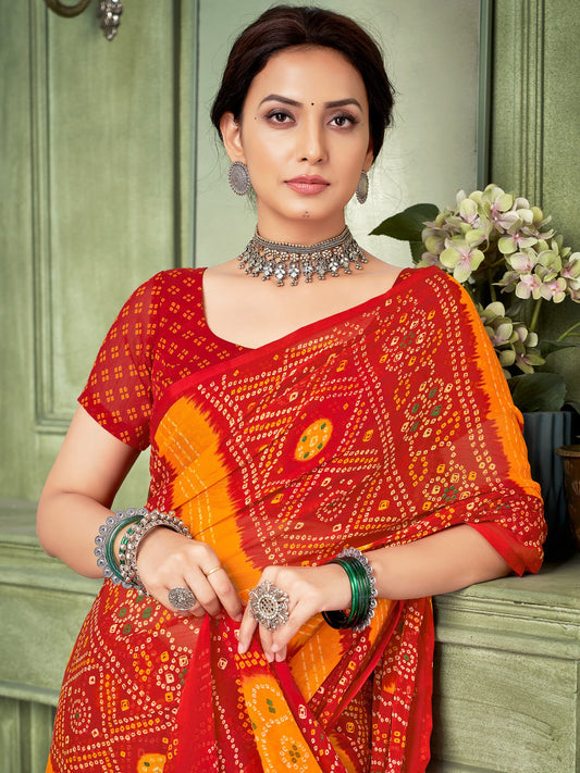 Red Red Bandhani Chiffon Printed Saree