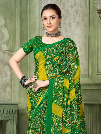 Green Bandhani Chiffon Printed Saree