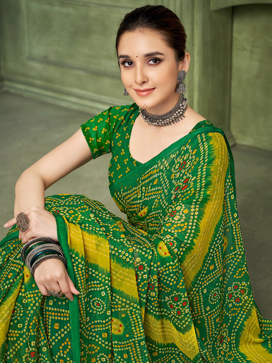 Green Green Bandhani Chiffon Printed Saree