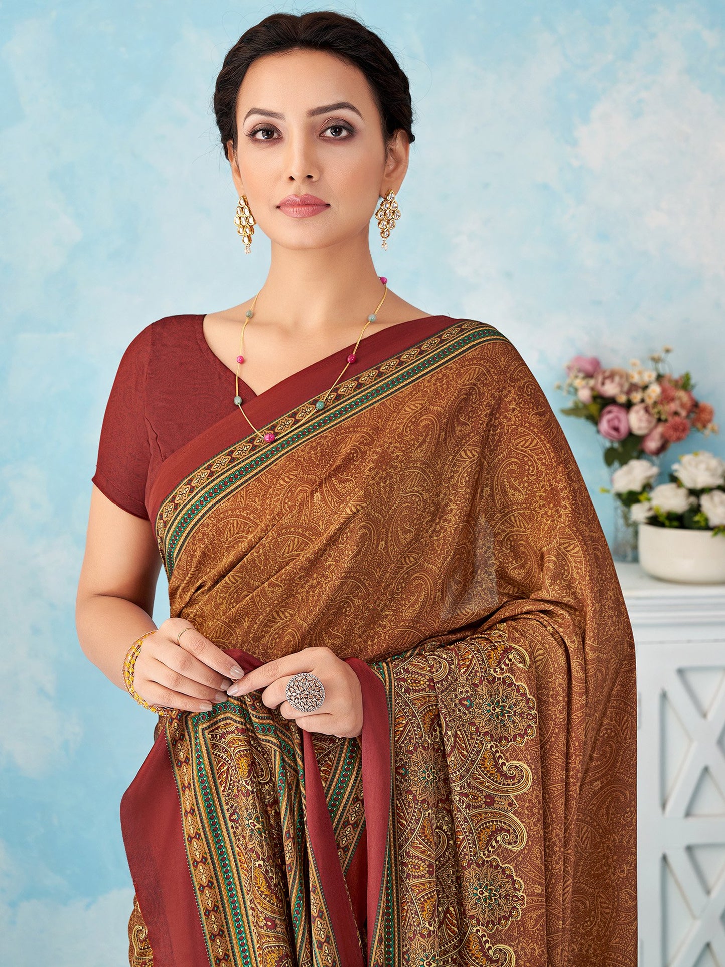 Brown Beige Bagru Crepe Printed Saree