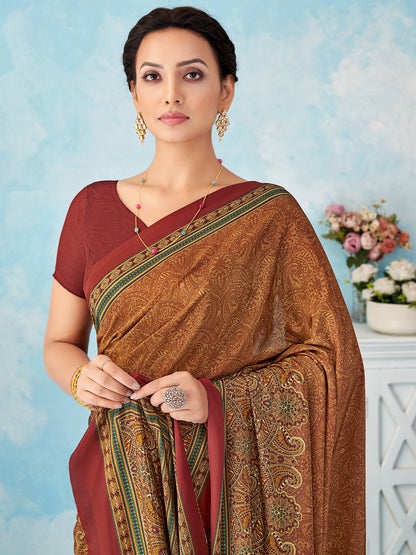 Brown Beige Bagru Crepe Printed Saree