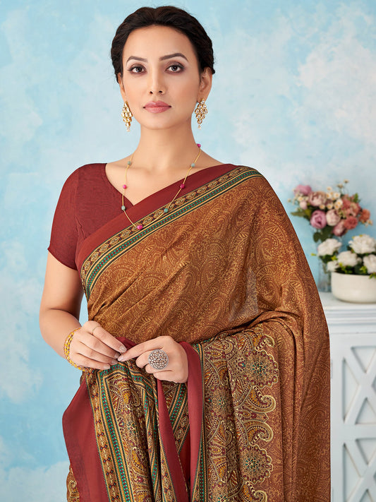 Brown Beige Bagru Crepe Printed Saree