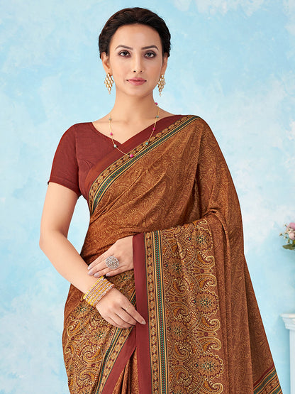Beige Bagru Crepe Printed Saree