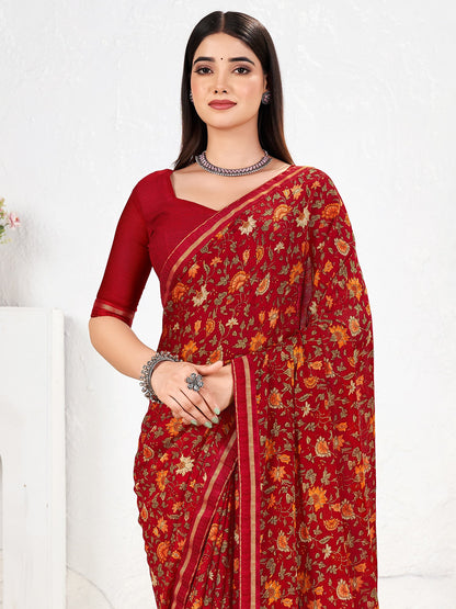 Red Red Party Wear Chiffon Printed Saree