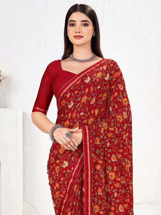 Red Red Party Wear Chiffon Printed Saree