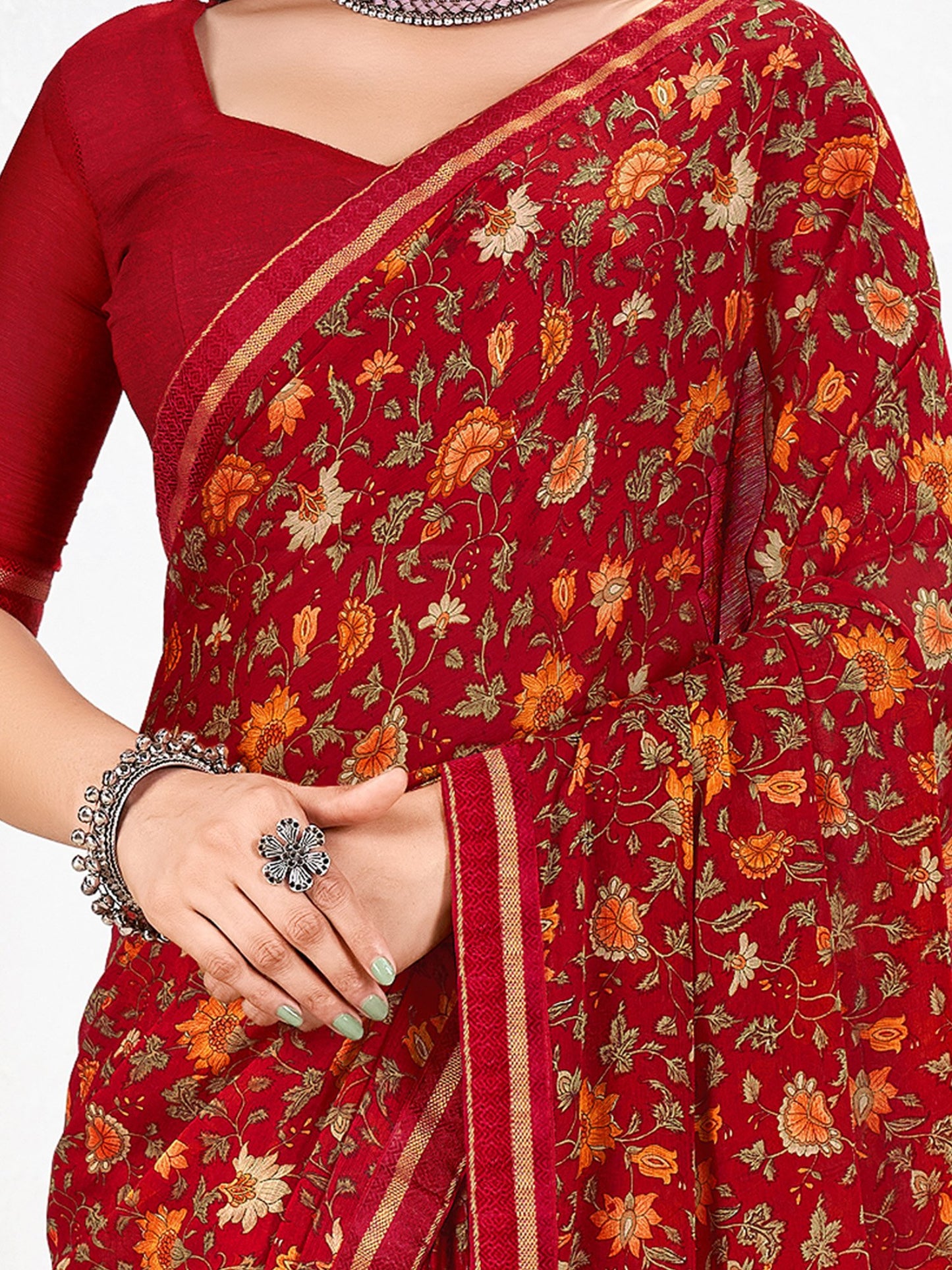 Red Party Wear Chiffon Printed Saree