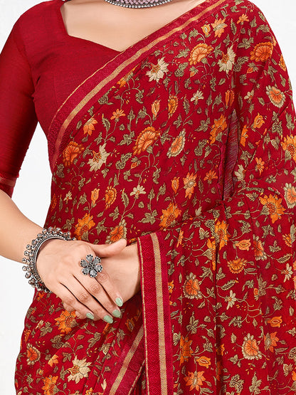 Red Party Wear Chiffon Printed Saree