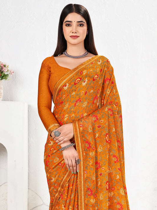 Yellow Mustard Party Wear Chiffon Printed Saree