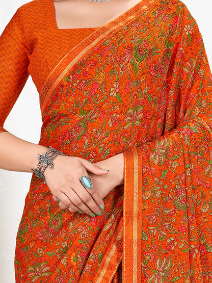 Orange Party Wear Chiffon Printed Saree