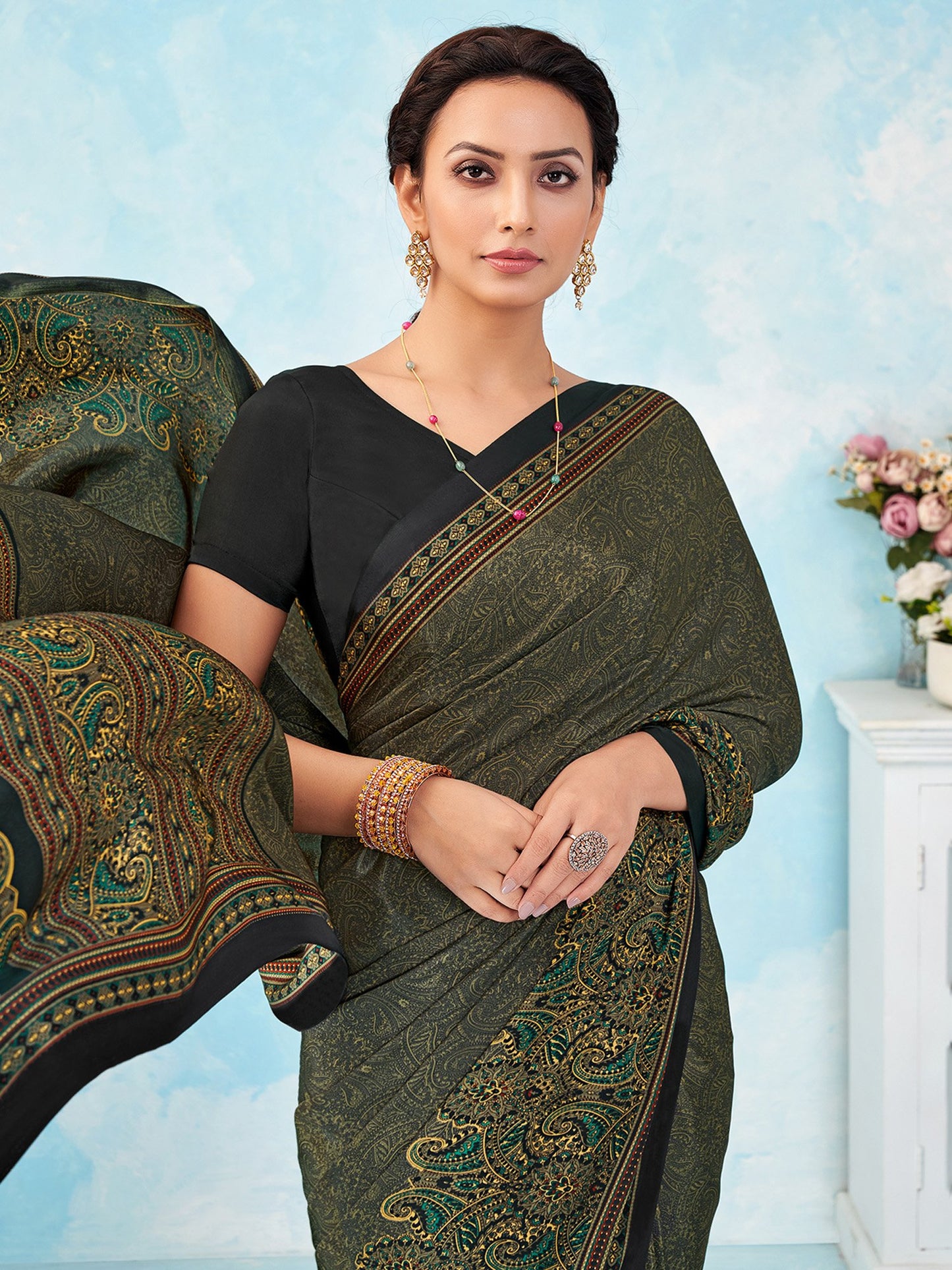 Black Black Bagru Crepe Printed Saree
