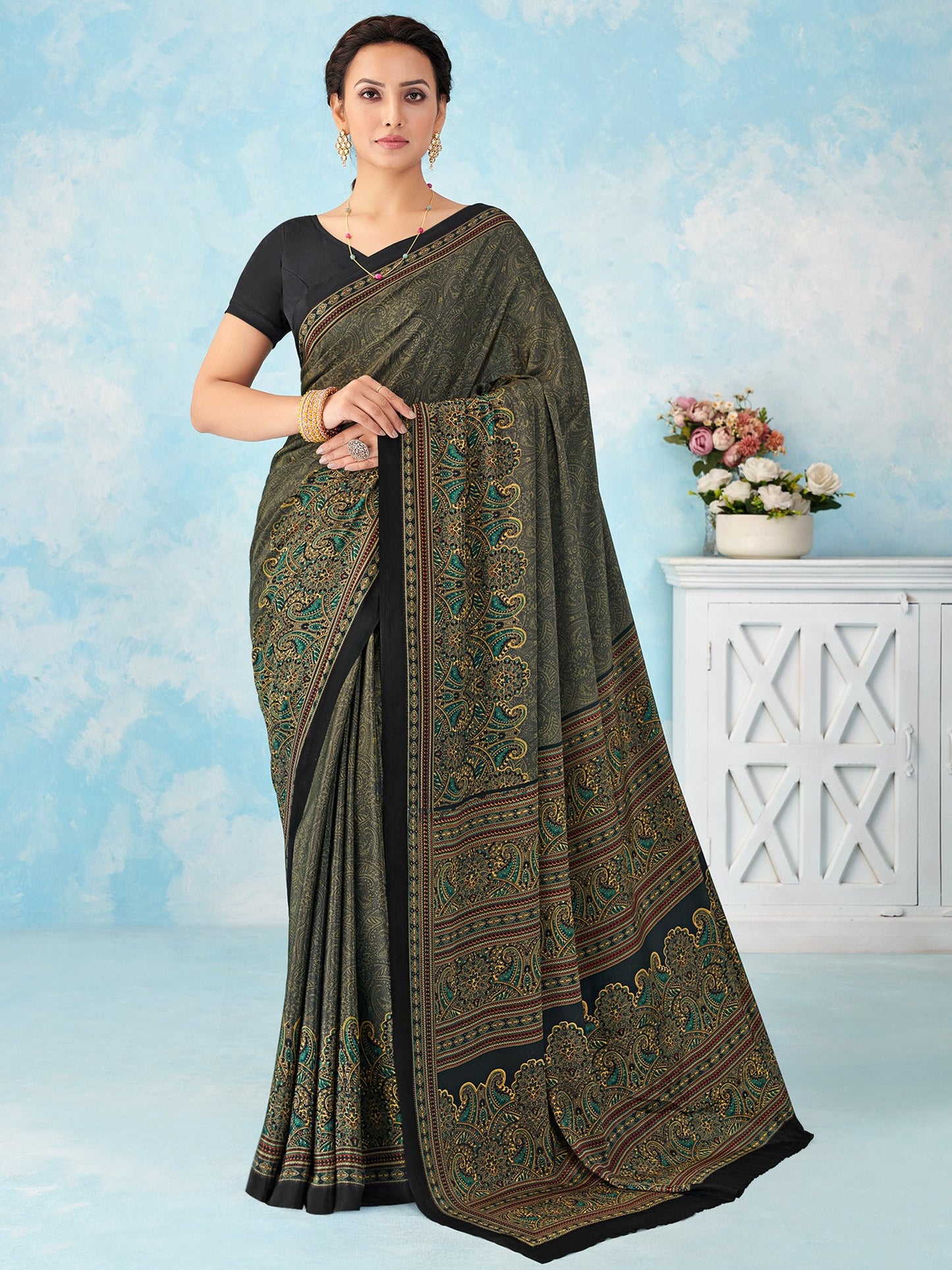 Black Bagru Crepe Printed Saree
