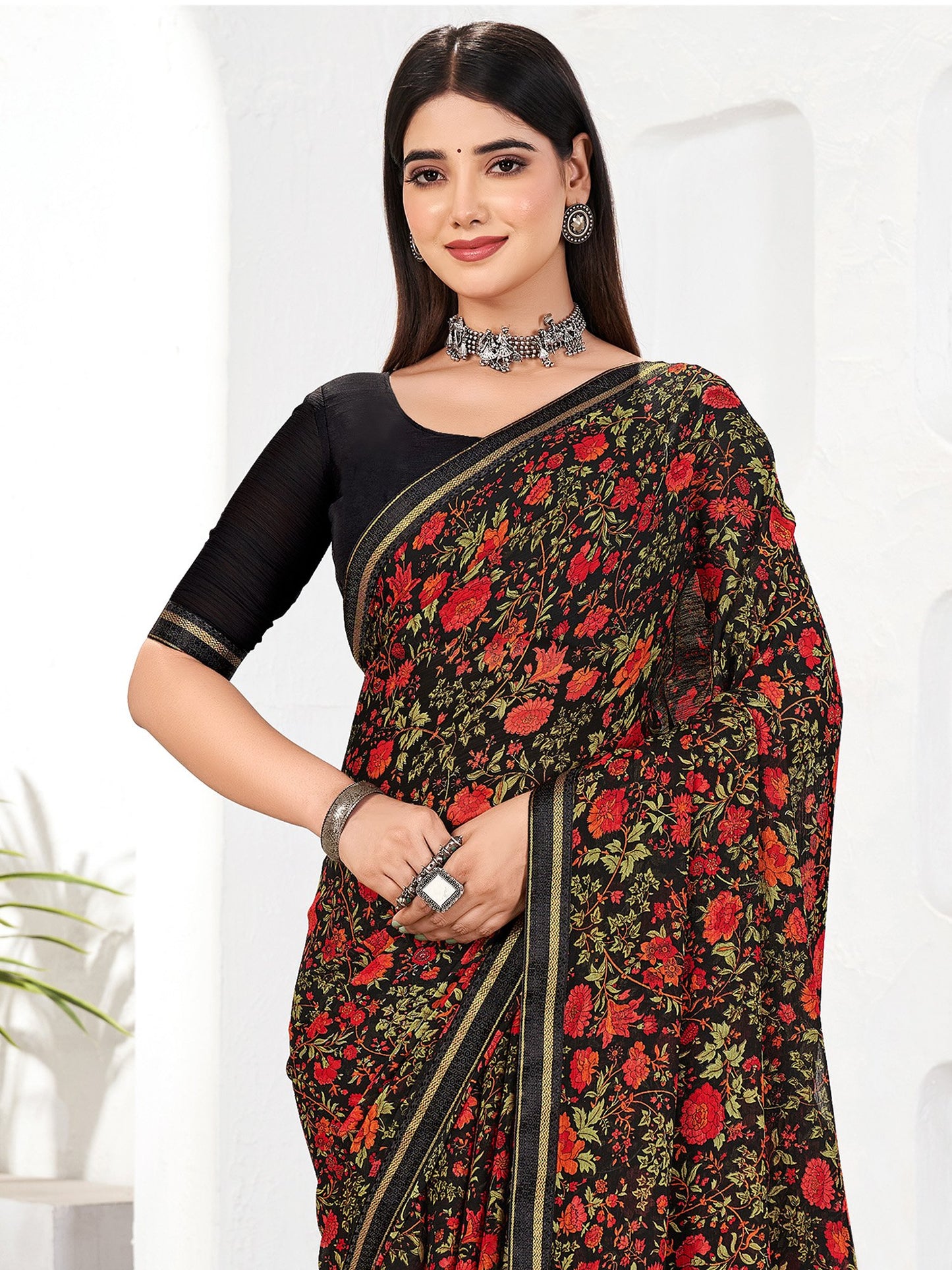 Black Black Party Wear Chiffon Printed Saree