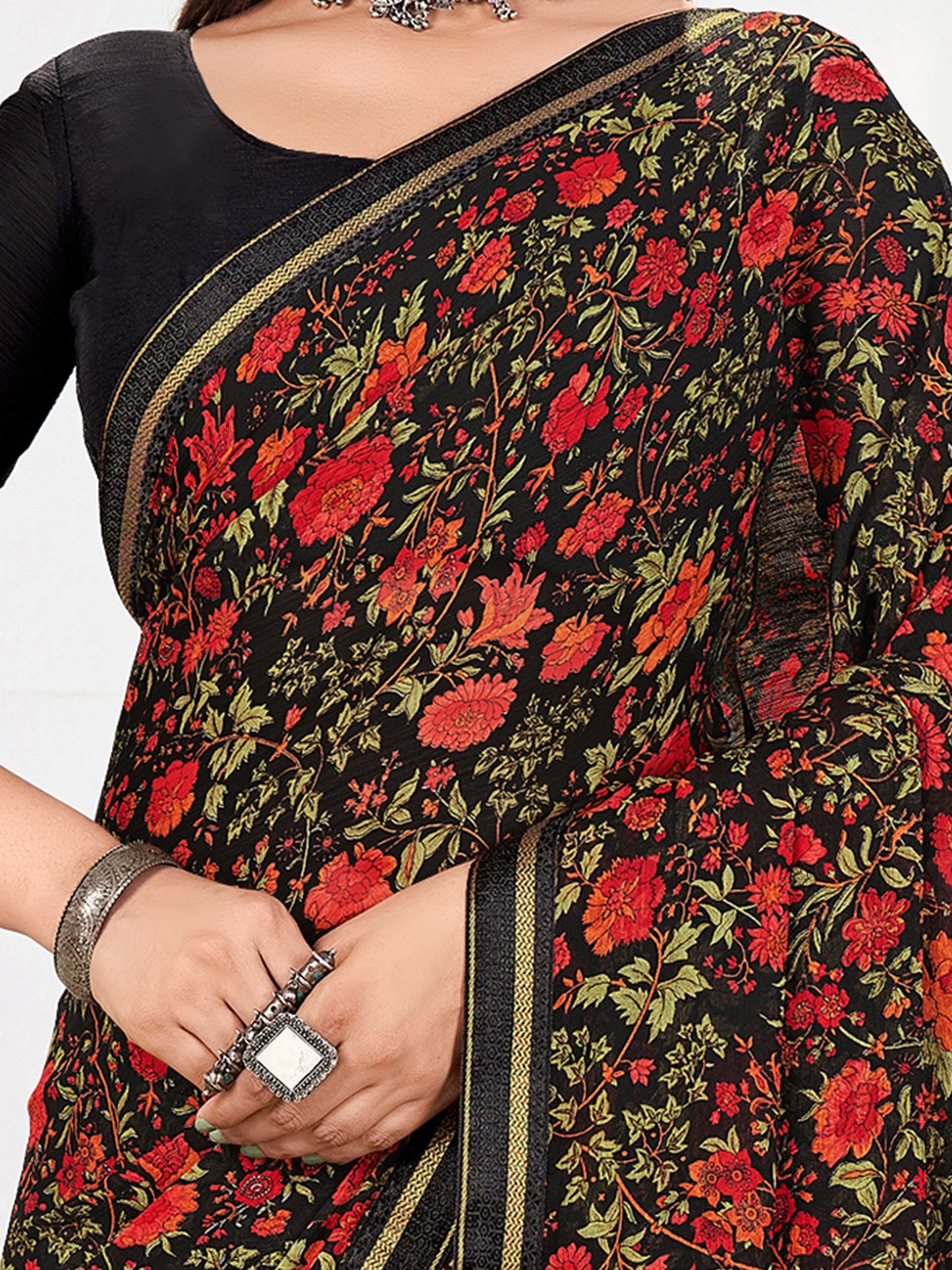 Black Party Wear Chiffon Printed Saree